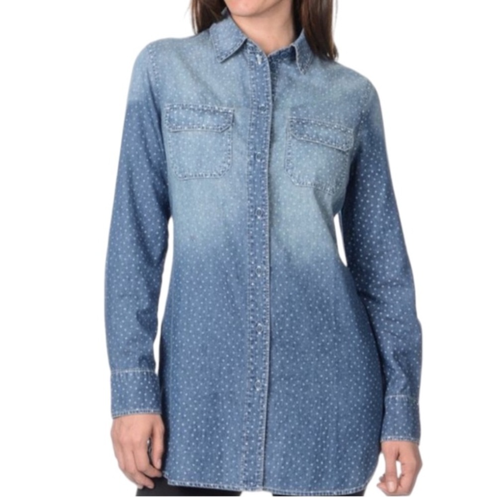 ABS Denim Collection Long Sleeve Star Print Button Down Denim Shirt- size Medium